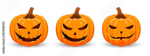 Set carved Halloween pumpkins with different scary faces isolated on white background. The main symbol of the Happy Halloween holiday. Vector illustration.