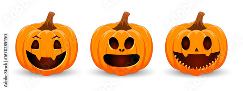 Set carved Halloween pumpkins with different scary faces isolated on white background. The main symbol of the Happy Halloween holiday. Vector illustration.