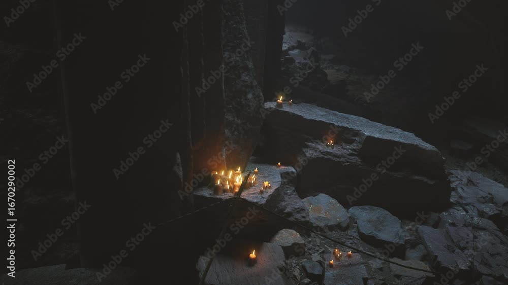 Soft candlelight glows in a dark cave, casting flickering shadows on ...