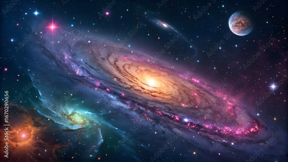 Fototapeta premium A vibrant galaxy with swirling arms and a bright core against a starry night sky background