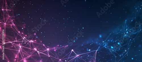 Abstract polygonal background with glowing lines, stars, and connecting dots on dark blue and purple for big data and global digital network technology illustration