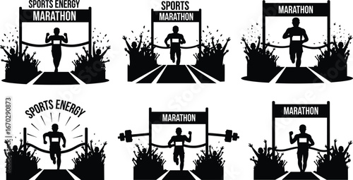 Marathon runner crossing finish line, sports competition, running race, fitness challenge, crowd cheering, sports energy, victory moment, race event, health