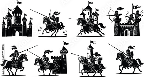 Medieval knights illustration, castle defense, jousting tournament, armored warriors, horseback combat, medieval battle, knightly armor, lance jousting, fortress siege