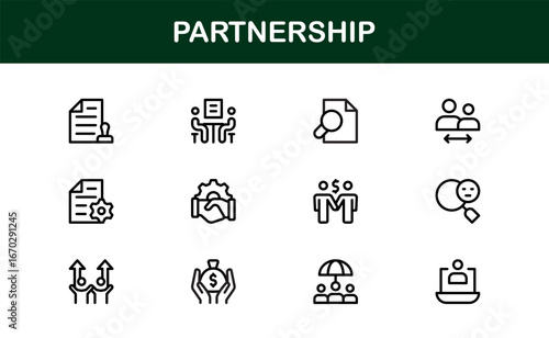 Minimal Partnership Icons – Flat Linear Outline Vector Symbols of Handshake, Collaboration, Business Deal, Teamwork, Agreement, Alliance, Clean Modern Pack for Web, UI, and Infographics