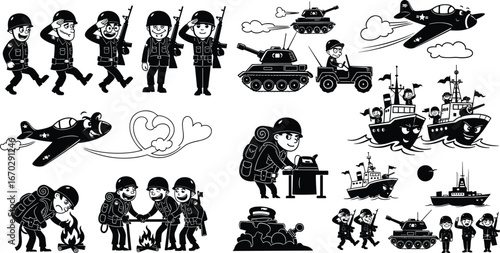 Military training, soldier teamwork, army vehicles, war preparation, marching troops, tanks, navy ships, air force jets, patriotic duty, battlefield action