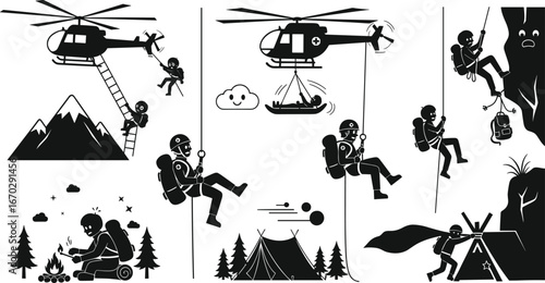 Mountain rescue operation, helicopter evacuation, climbers rappelling, emergency response, outdoor survival, mountain climbing adventure, forest camping, rope rescue