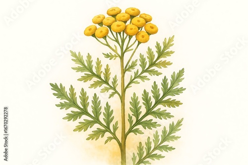 Yellow tansy flowers with green leaves on a light background in the style of a botanical illustration