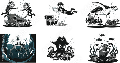 Underwater adventure illustration with divers, pirate, sea animals, treasure, submarine, and marine life in black and white vector art