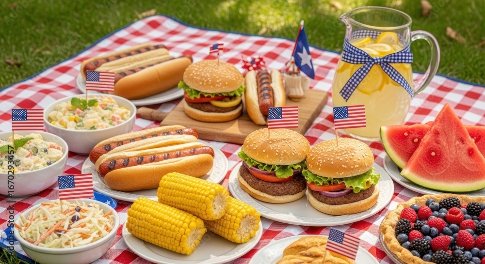 Fototapeta premium A picnic spread with hot dogs, hamburgers, corn, watermelon, and other food items on a red and white checkered tablecloth with American flags and a pitcher of lemonade.