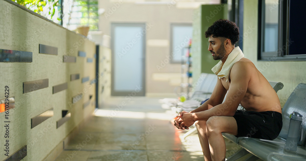 Fototapeta premium Indian gen z young adult male man guy sitting on chair in hallway. Asian relax boy take break after sports workout spend gym time look sad upset outside corridor area