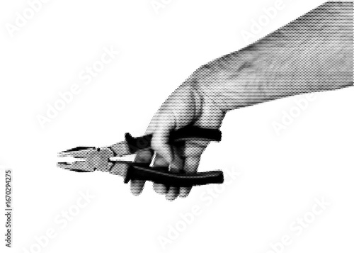 Pop art halftone hand with tool. Human arm holding pliers in retro dotted collage style isolated on transparent background