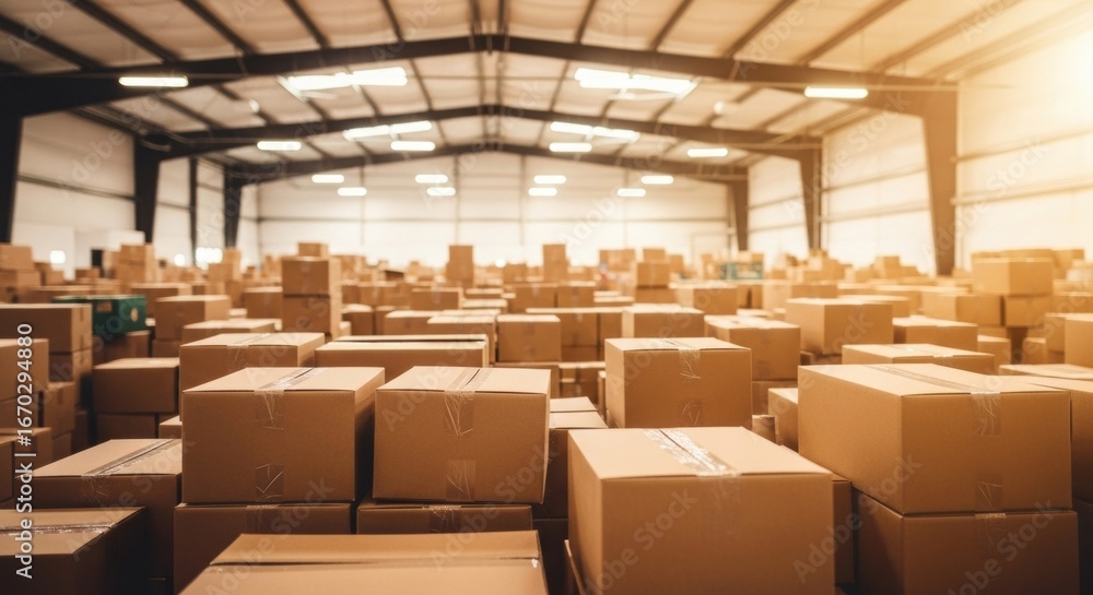Fototapeta premium Interior of a large, brightly lit warehouse filled with rows of stacked cardboard boxes, representing logistics and humanitarian aid distribution.