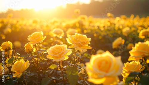 A field of yellow roses glowing under golden hour light, soft breeze shaping natural waves across the blossoms.