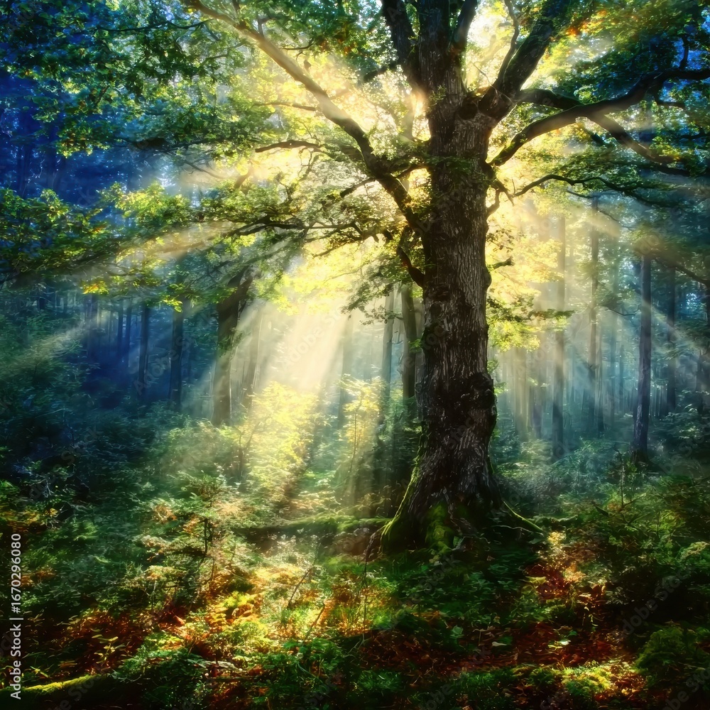 Obraz premium Mystical forest with sunbeams shining through trees, serene background