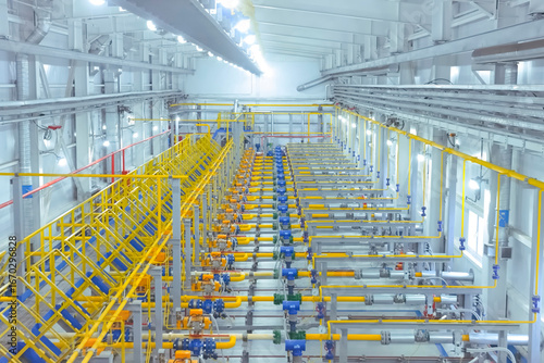 Valves and gas meters in gas metering room in the gas pipeline at the LNG plant