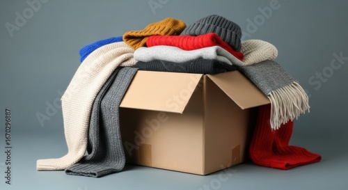 A box full of donated winter wear, including scarves and beanies, collected for a charity drive against a dark grey studio backdrop.