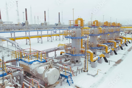 block of gas cleaning vessels at a gas treatment plant for the production of liquefied natural gas.