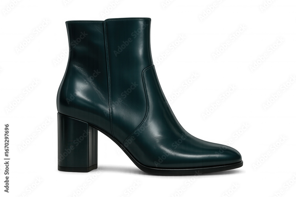 Fototapeta premium Stylish green leather ankle boots with a block heel, perfect for fashion and footwear projects, isolated on a transparent background