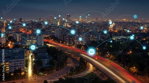 Dynamic city lights connect with glowing digital network nodes illustrating smart technology and connectivity