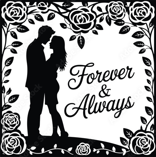 Romantic couple silhouette with roses and forever