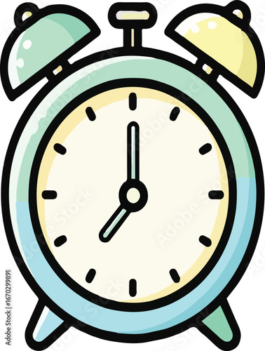 Whimsical Alarm Clock Illustration: Pastel Colors Bold Outlines Playful Design.