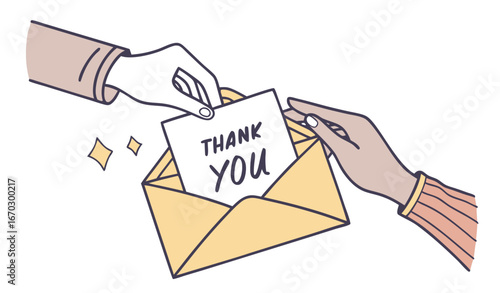 Hands opening thank you letter. Person taking card out of envelope flat vector illustration. Communication, correspondence, gratitude concept for banner, website design or landing web page