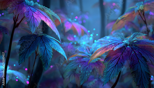 Wallpaper Mural Temukan bioluminesensi floa hutan yang memukau, mengngkapkan pola daun rumit dlam warna biru, ungu, dan ijau cerah, tontonan alam ang benar-benar ajaib. Torontodigital.ca