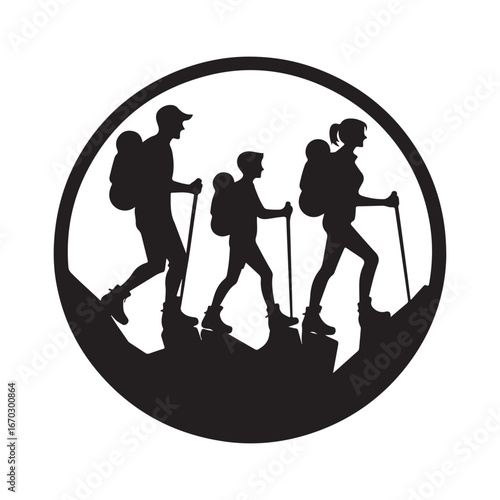 black hikers climbing mountain in circle clip art preview