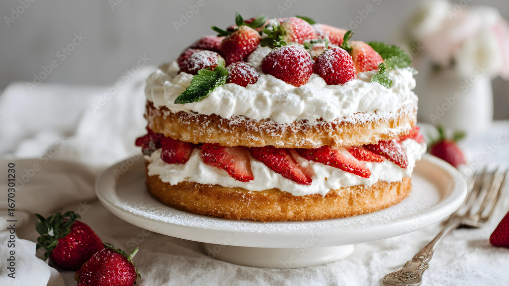 Strawberry Shortcake with Cream Layers on Wooden Board Strawberry Shortcake with Cream Layers on Wooden Board