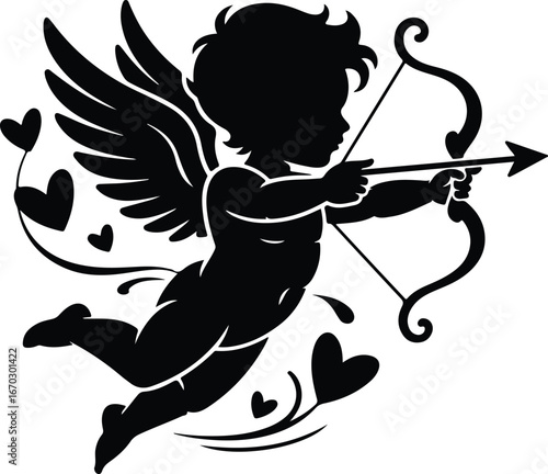 Cupid silhouette spreading love with bow and arrow