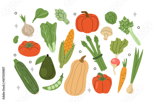 Vegetables and greens set. Asparagus, avocado, pumpkin, corn, spinach, peas assortment collection. Harvesting concept. Vector illustration.