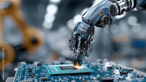 Precision robotic arm mounting central processing unit onto computer motherboard, demonstrating advanced manufacturing automation within high tech industrial production environment