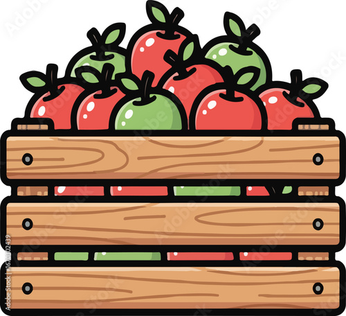 Vibrant Red and Green Apples Overflowing from a Rustic Wooden Crate VECTOR Illustration for Healthy Harvest Concepts