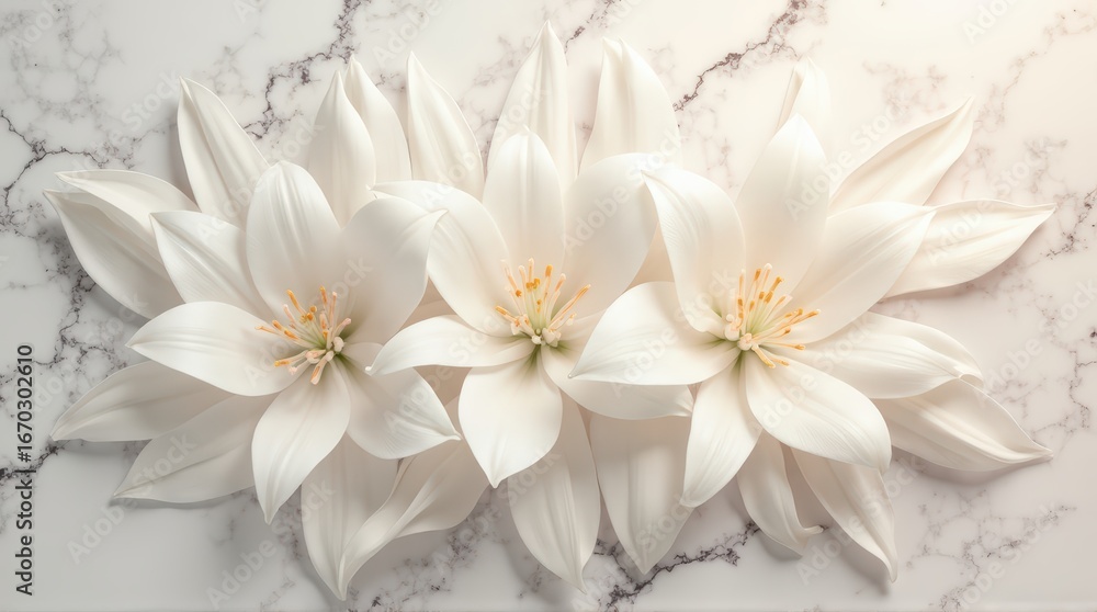 Obraz premium Elegant White Lily Flowers Arranged on Marble Surface for Floral Decor and Wedding Design