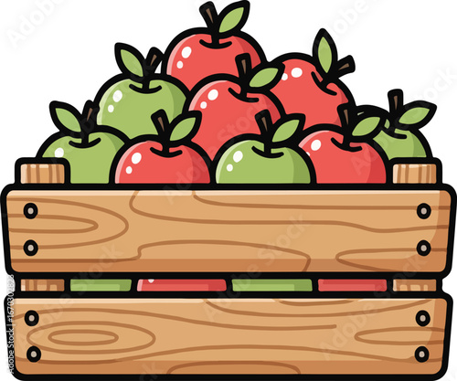 Colorful VECTOR illustration depicting a bountiful harvest of fresh red and green apples overflowing from a rustic wooden crate, ideal for healthy eating and autumn themes