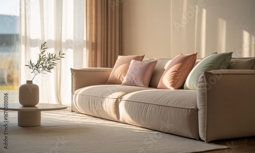 Modern beige sofa  soft pastel pillows  sunlight streams through window
