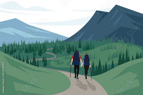 A couple hiking on a winding path through a mountainous landscape with evergreen trees. They are holding hands and carrying backpacks.