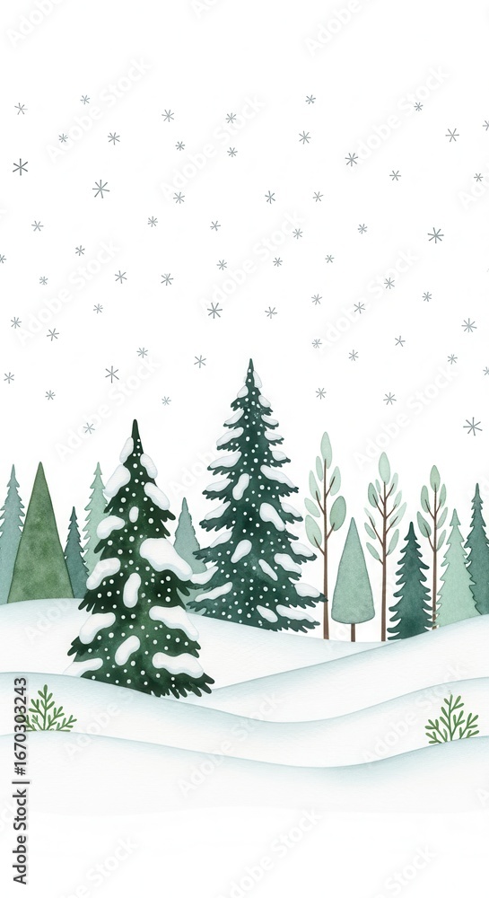 Obraz premium Watercolor winter forest landscape with snowy pine trees, hand drawn evergreen woods in falling snow, vertical holiday background for greeting cards
