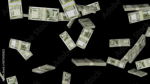 Indian 500 Rupee Currency Notes Falling on Black Background in Slow Motion 3D Illustration