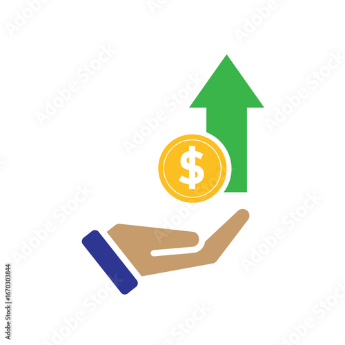 Money icon. Currency increase symbol. Hand with dollar coin and up arrow. paying, economy, money. Flat design style.