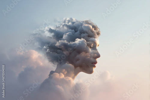 surreal woman face made of clouds in a soft sky, dreamy atmosphere, creative concept, peaceful mood, fantasy art