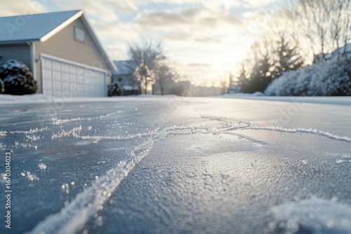 Icy driveway with frost and sunlight in a winter suburban setting  