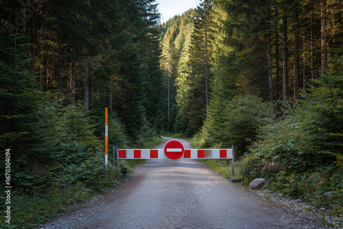 Road barrier with no entry sign blocking forest gravel path under soft sunlight surrounded by lush green trees in summer nature.