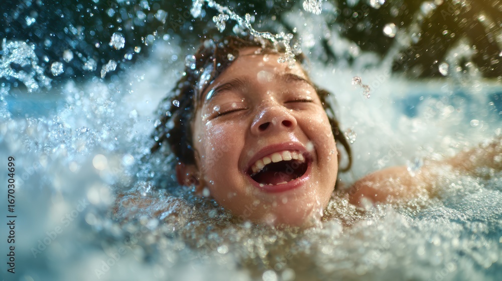 Obraz premium A happy child laughing while splashing in water captures the exuberance of childhood delight and the simple joys of summer fun and playtime with friends.