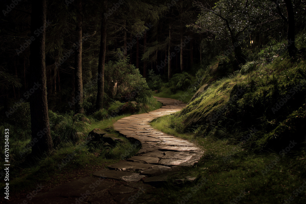 Fototapeta premium Winding forest path illuminated by soft light, surrounded by lush green trees and moss-covered rocks in a tranquil woodland setting.