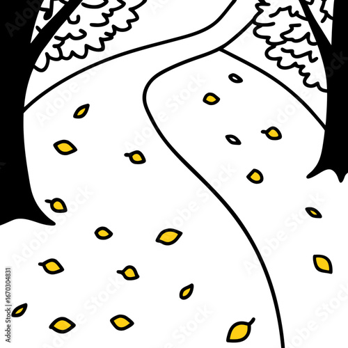 “Autumn forest path covered in golden leaves, soft light”