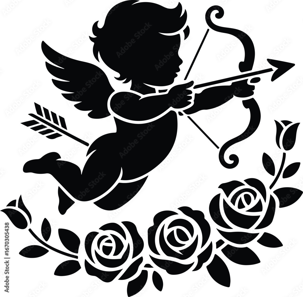 Fototapeta premium Cupid's arrow hits target surrounded by roses
