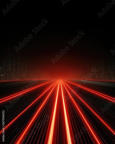 Red light streaks on a dark highway, city in the background