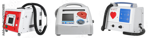Medical Equipment Set Of Defibrillator Devices In White Red And Blue Colors With Wires Against Transparent Background