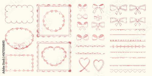 Pink hand drawn decorative frames bows and borders on cream background ribbon heart